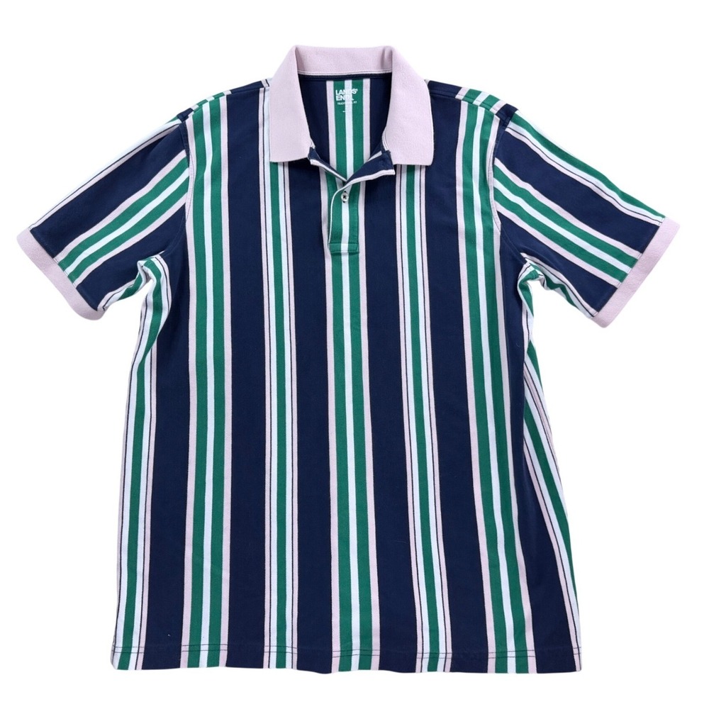 Lands' End Polo Shirt Mens L Blue Green Pink Striped Traditional Fit 527939